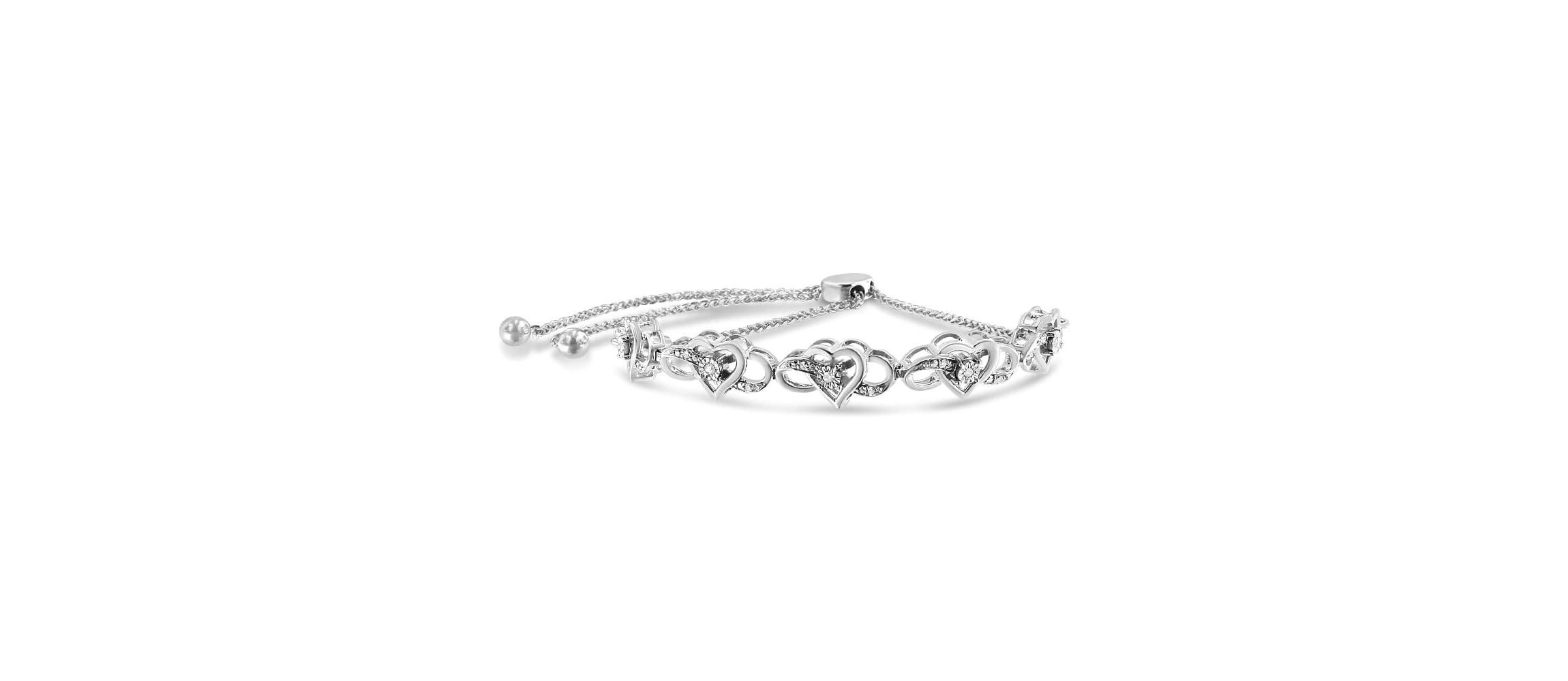 Silver Diamond Accent Interlocking Infinity and Heart Bolo Tennis Bolo Bracelet