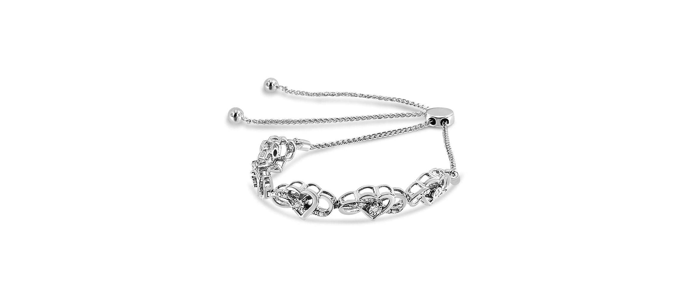 Silver Diamond Accent Interlocking Infinity and Heart Bolo Tennis Bolo Bracelet