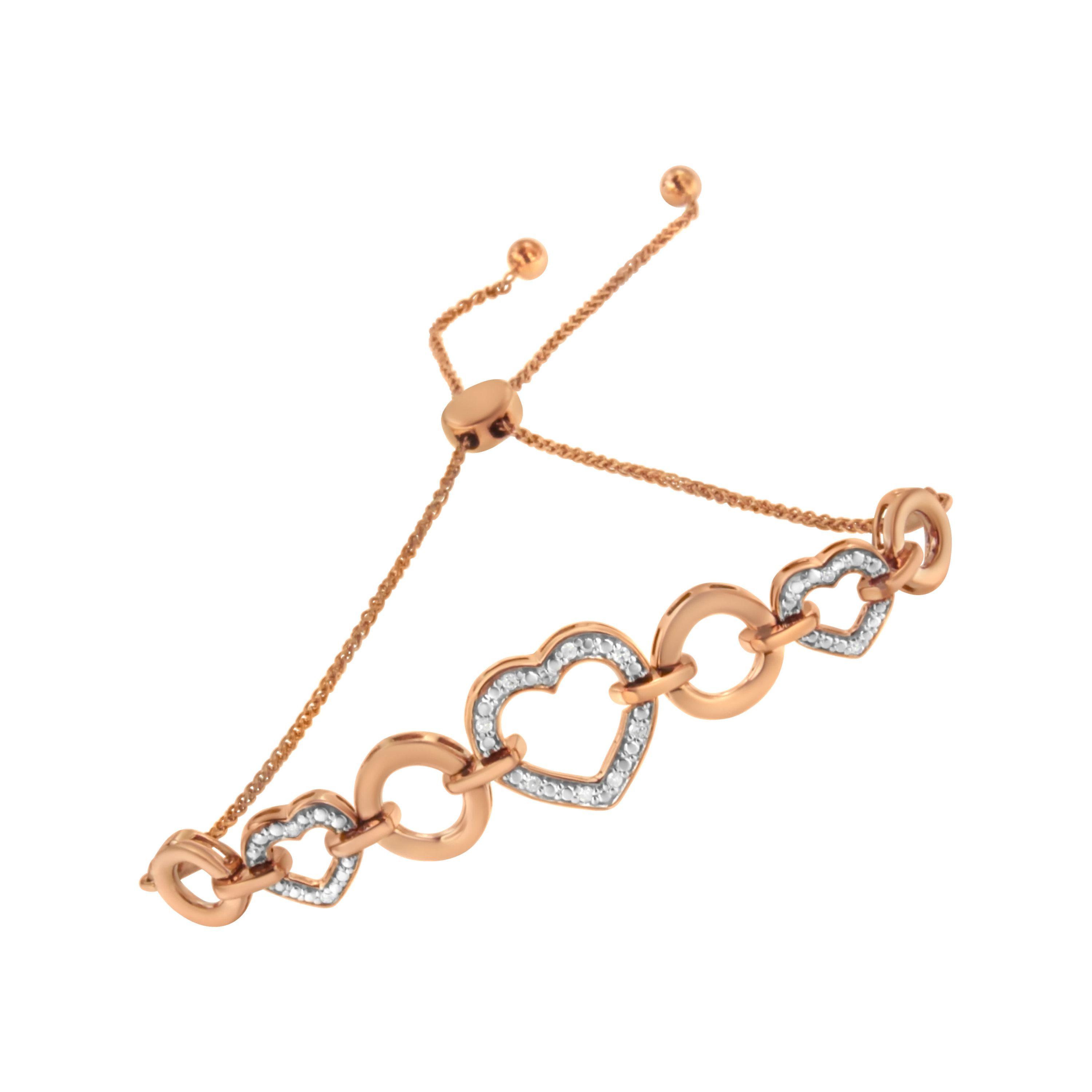 14K Rose Gold Plated Silver Diamond Accent Circle and Heart Link Bolo Bracelet
