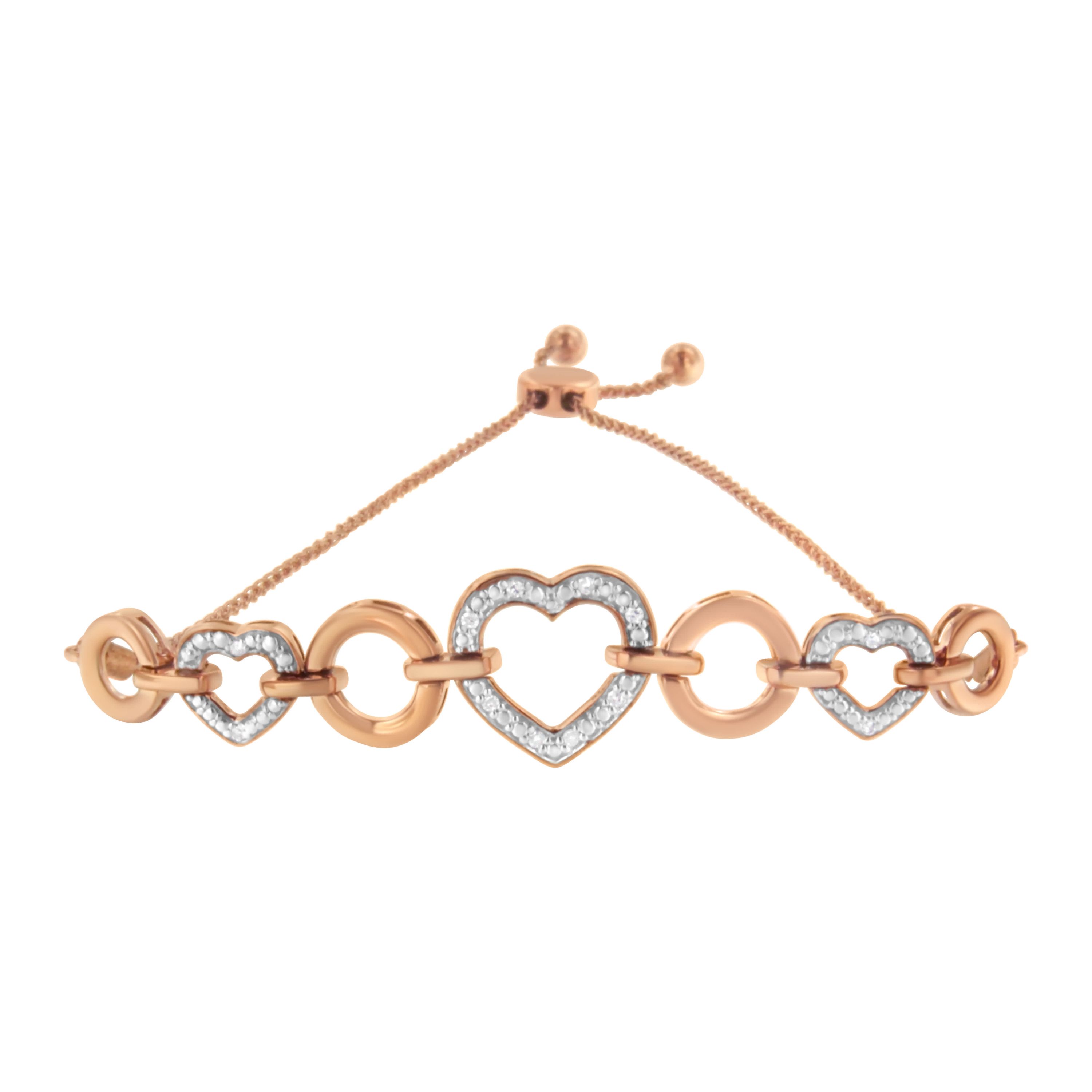 14K Rose Gold Plated Silver Diamond Accent Circle and Heart Link Bolo Bracelet
