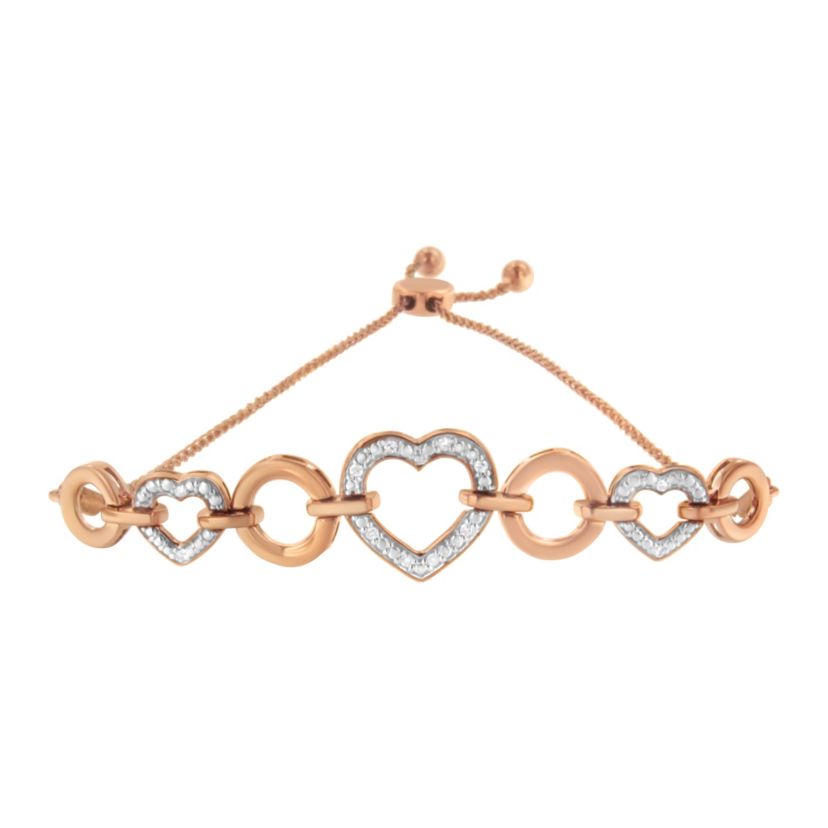 14K Rose Gold Plated Silver Diamond Accent Circle and Heart Link Bolo Bracelet