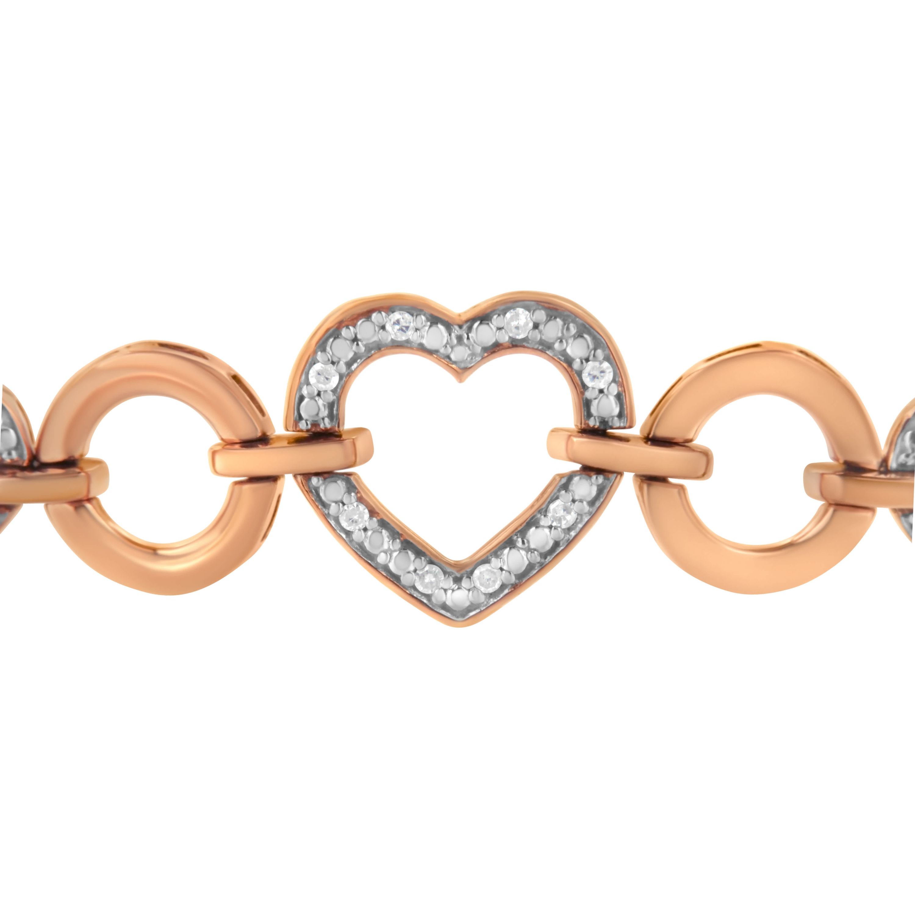 14K Rose Gold Plated Silver Diamond Accent Circle and Heart Link Bolo Bracelet