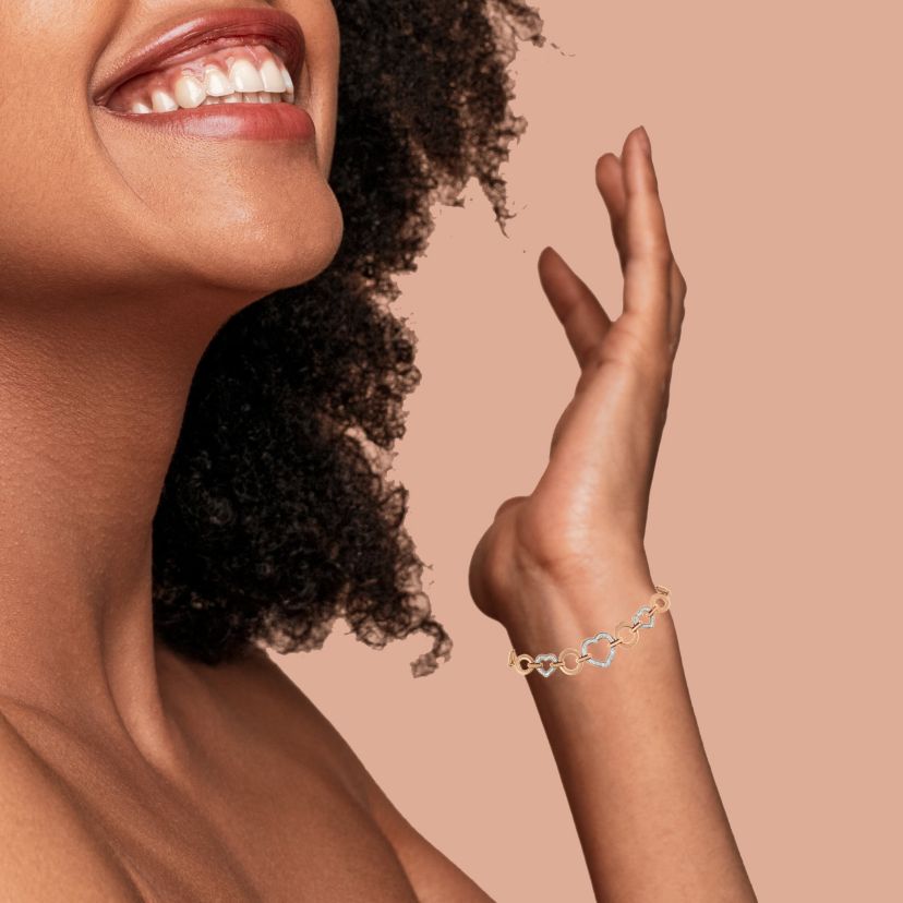 14K Rose Gold Plated Silver Diamond Accent Circle and Heart Link Bolo Bracelet
