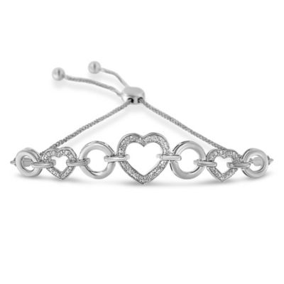 Haus of Brilliance Silver 1/10 Cttw Round-Cut Diamond Heart-Link Bolo Bracelet - 6"-9"