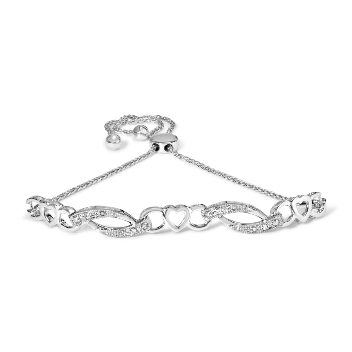 Silver 1/10 Cttw Diamond Heart Link Adjustable Bolo Bracelet - 4 to 10 Inches