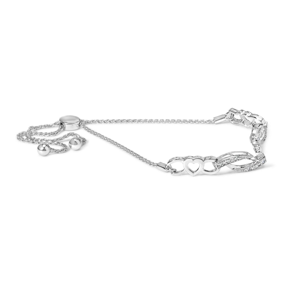 Silver 1/10 Cttw Diamond Heart Link Adjustable Bolo Bracelet - 4 to 10 Inches