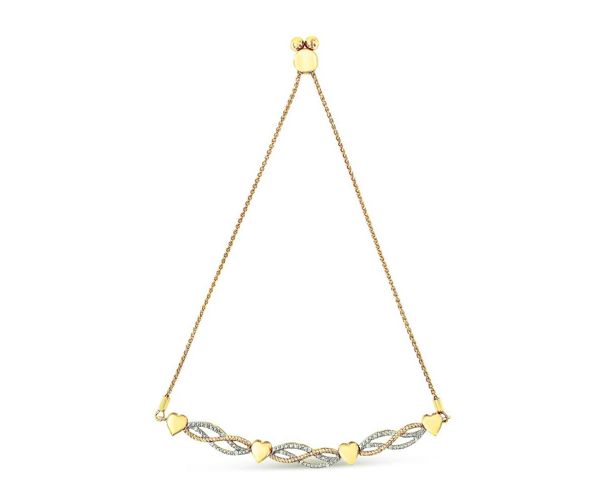 14K Yellow Gold Plated Silver 1/10 Cttw Diamond Wave and Hearts Bolo Bracelet