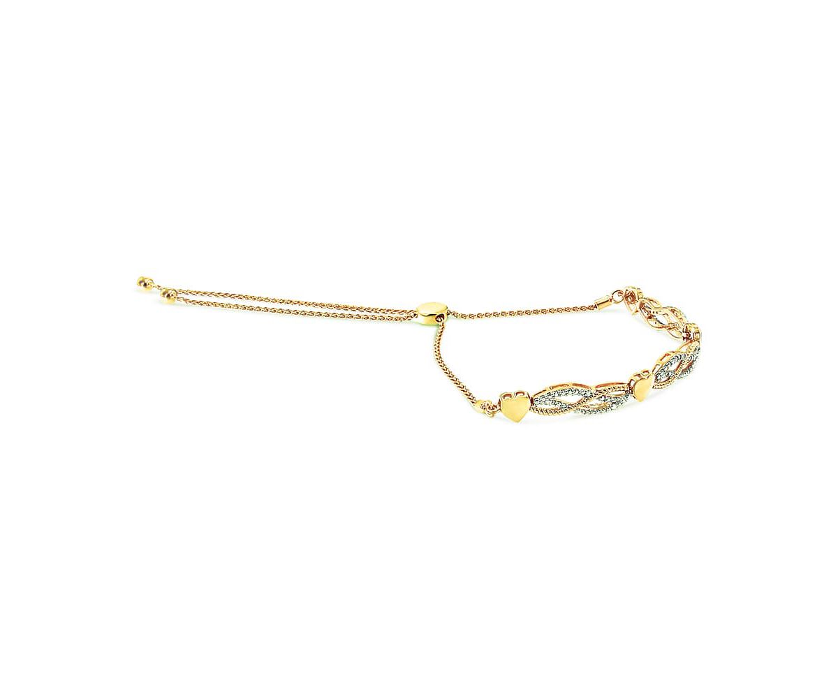14K Yellow Gold Plated Silver 1/10 Cttw Diamond Wave and Hearts Bolo Bracelet