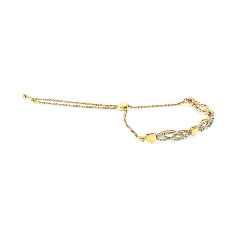 14K Yellow Gold Plated Silver 1/10 Cttw Diamond Wave and Hearts Bolo Bracelet