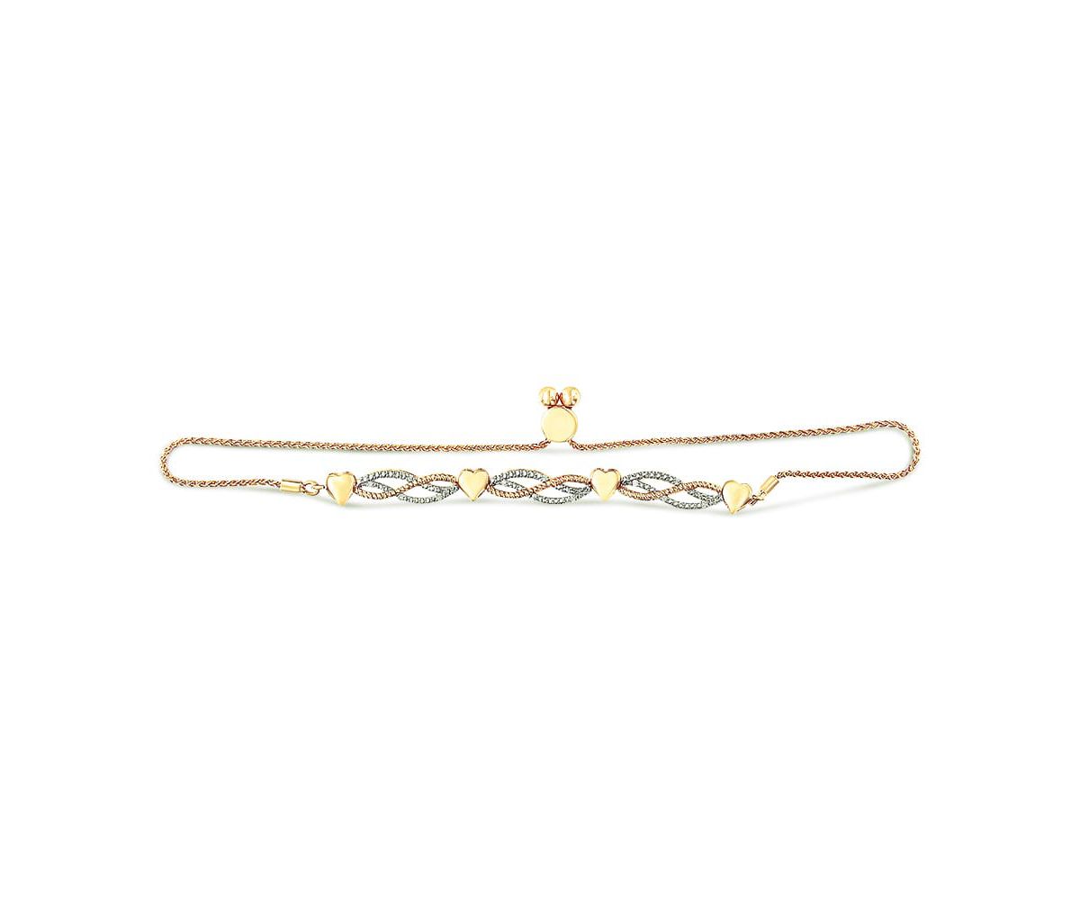 14K Yellow Gold Plated Silver 1/10 Cttw Diamond Wave and Hearts Bolo Bracelet