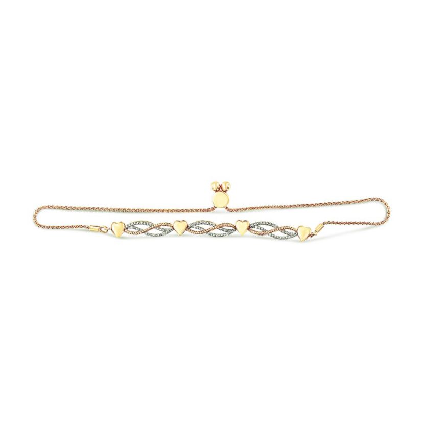 14K Yellow Gold Plated Silver 1/10 Cttw Diamond Wave and Hearts Bolo Bracelet