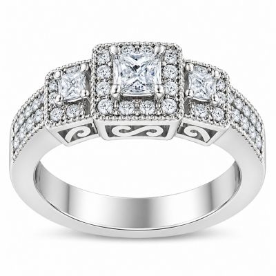 Haus of Brilliance 14K White Gold Round and Princess-Cut 1.0 cttw Diamond Three Stone Ring (H-I Color, I1-I2 Clarity)