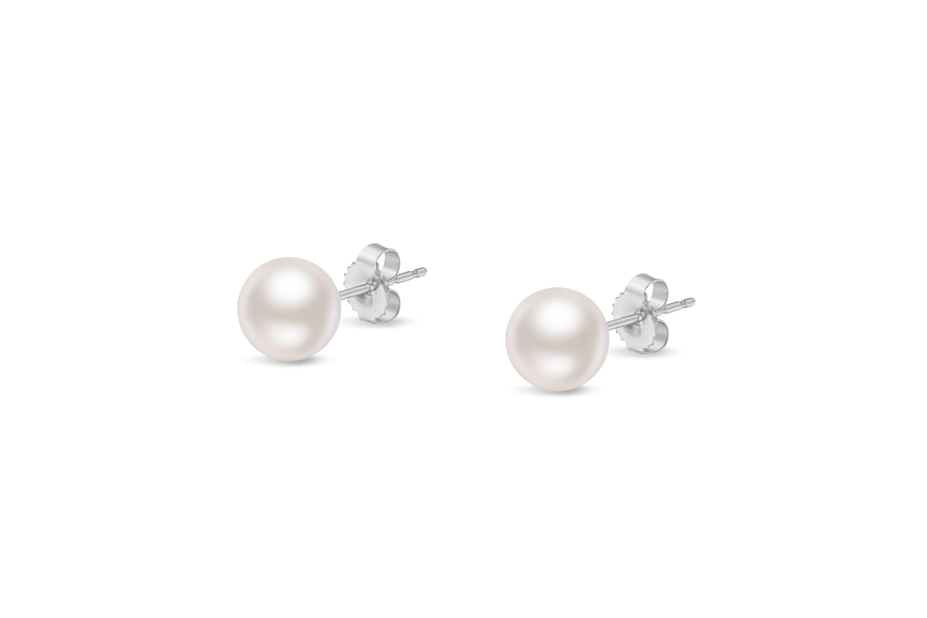 14K White Gold White 7.5-8.0MM Saltwater Akoya Cultured Pearl Stud Earrings