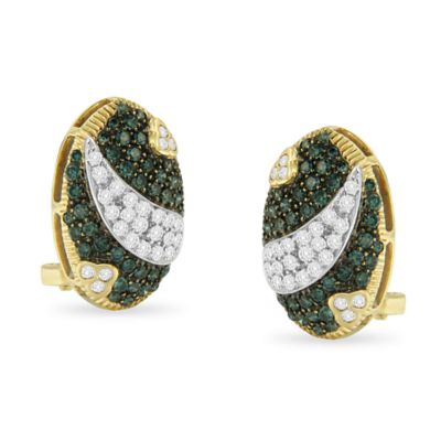 Haus of Brilliance Black and White Rhodium over 14K Yellow Gold 2-1/10 Cttw White and Blue Diamond Oval Omega Back Stud Earrings