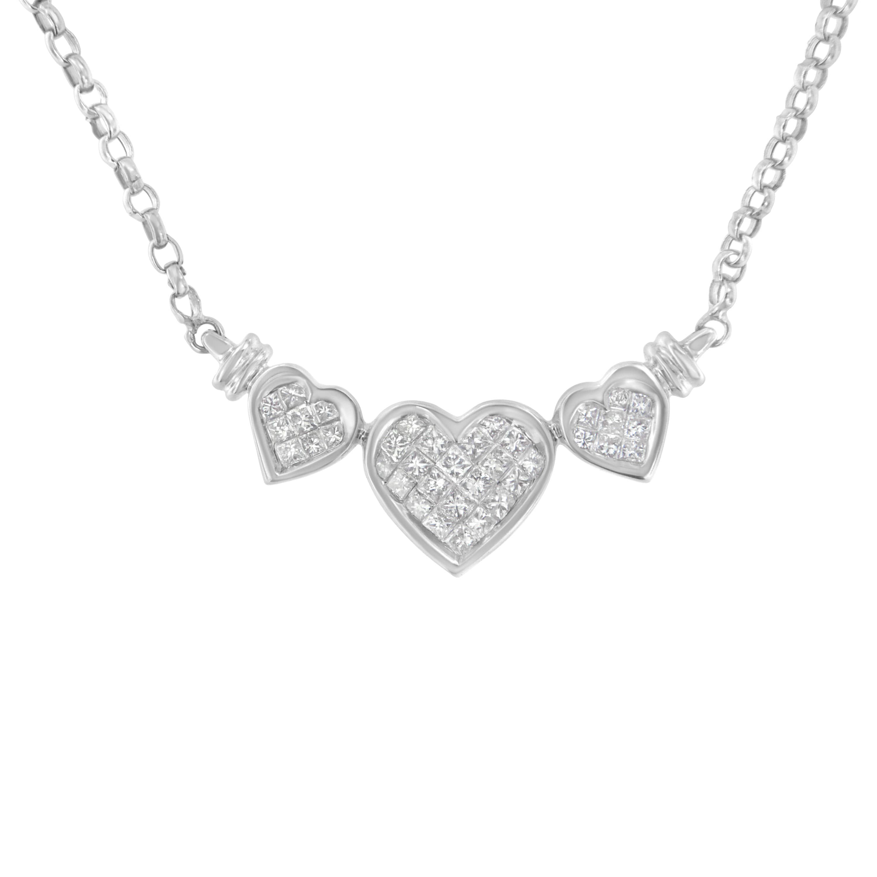 14K White Gold 1.0 Cttw Diamond Three Heart 18" Statement Pendant Necklace