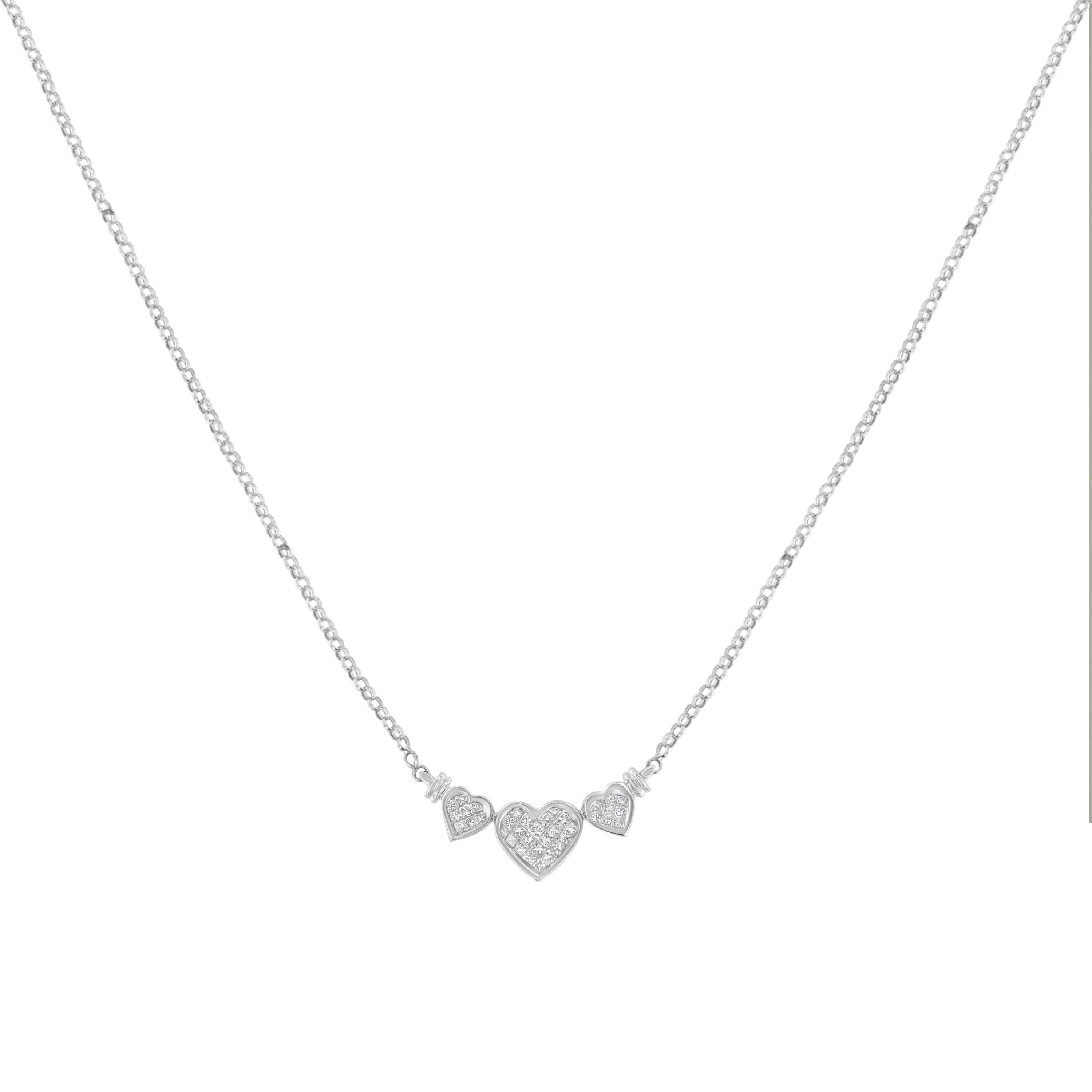 14K White Gold 1.0 Cttw Diamond Three Heart 18" Statement Pendant Necklace