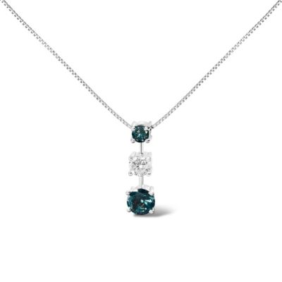 Haus of Brilliance 14K White Gold 1 1/2 Cttw Treated Blue and White Diamond 3-Stone Pendant Necklace