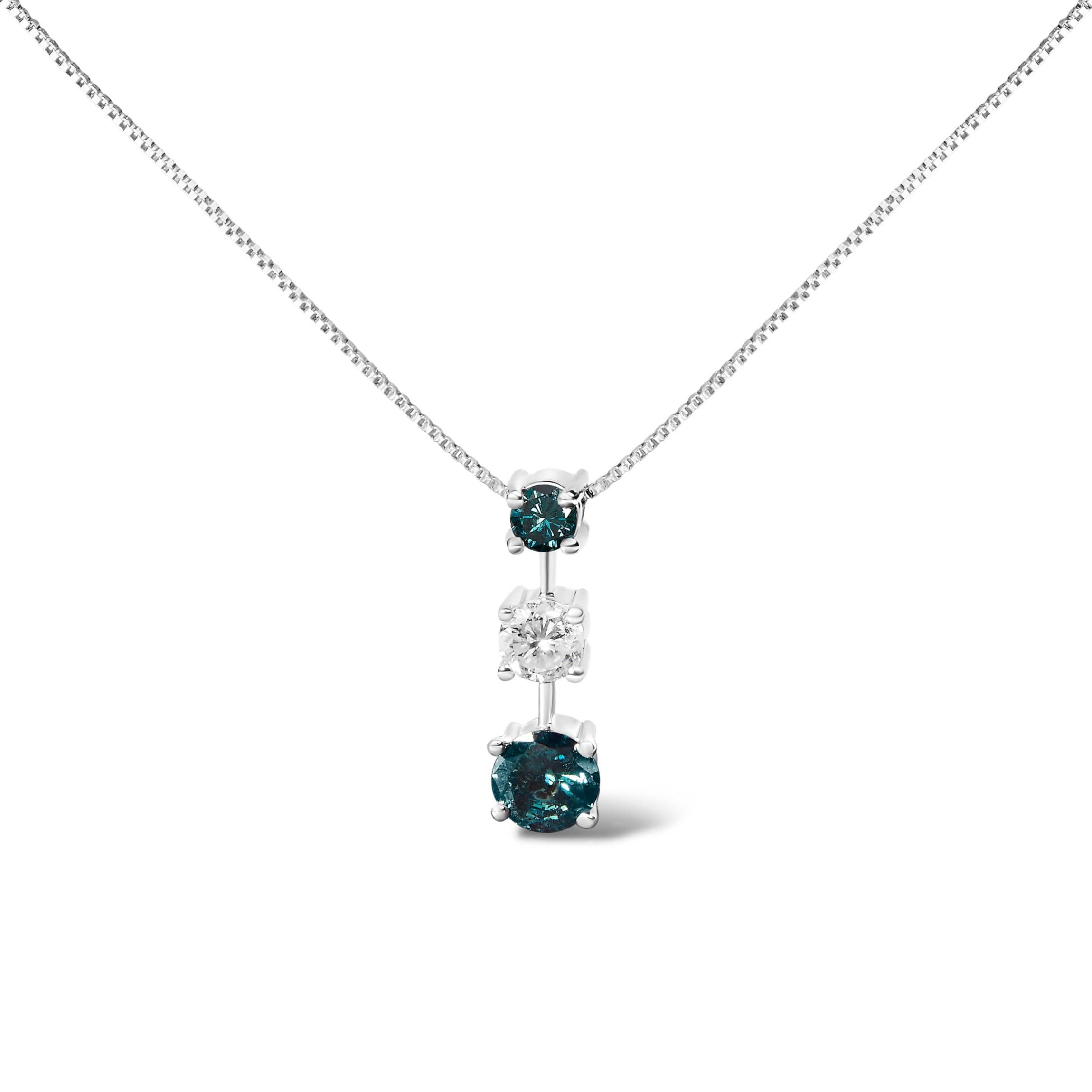 14K White Gold 1 1/2 Cttw Treated Blue and White Diamond 3-Stone Pendant Necklace