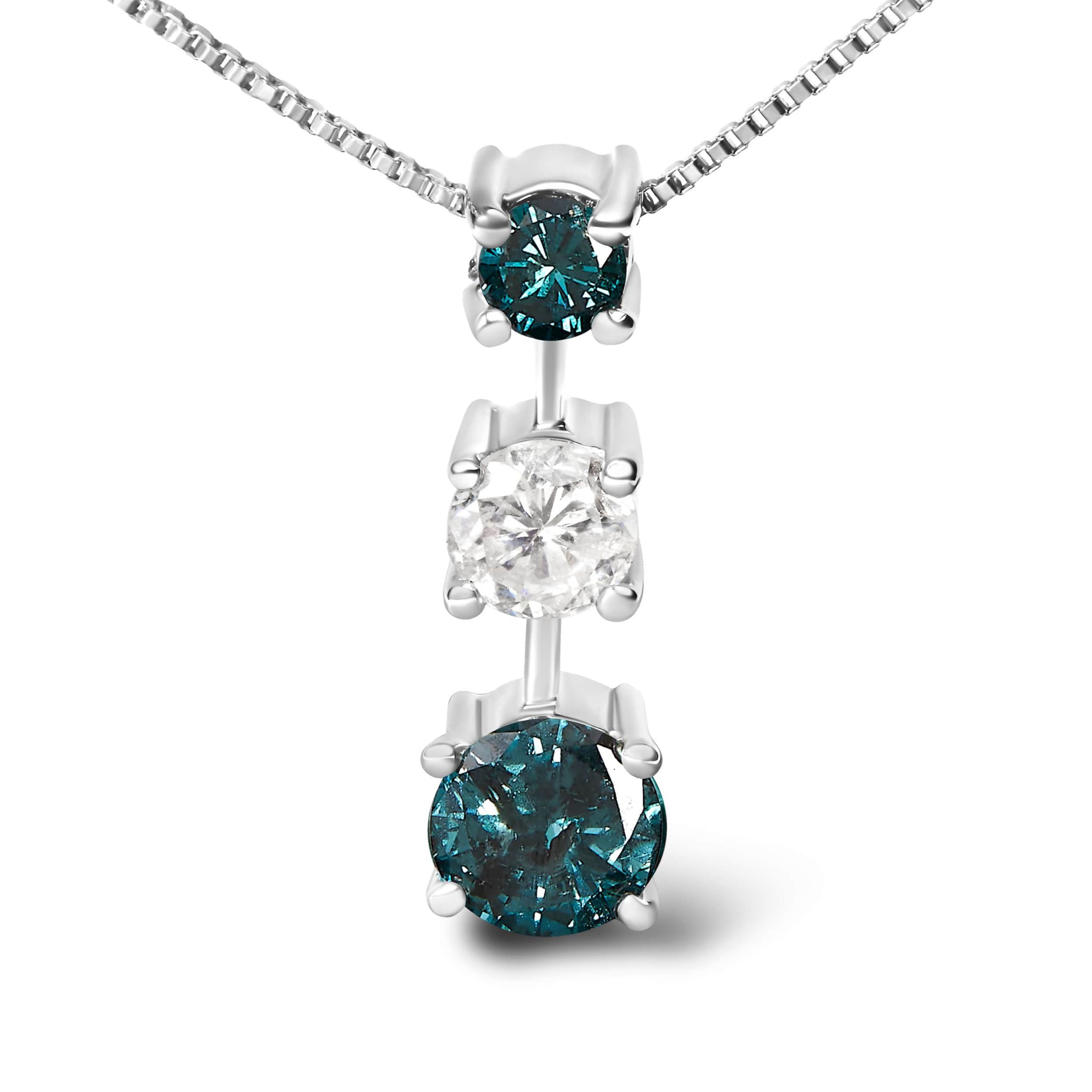 14K White Gold 1 1/2 Cttw Treated Blue and White Diamond 3-Stone Pendant Necklace