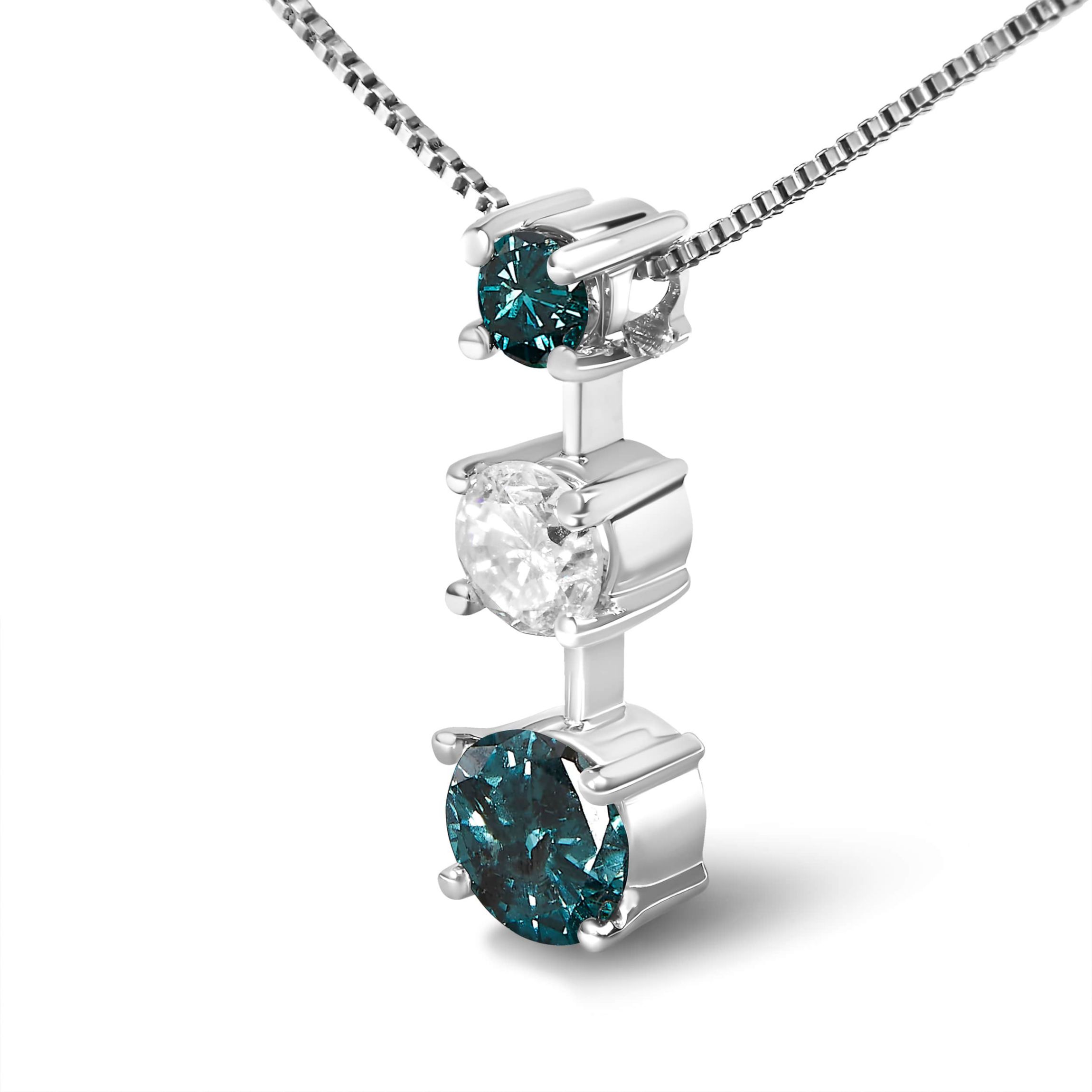 14K White Gold 1 1/2 Cttw Treated Blue and White Diamond 3-Stone Pendant Necklace
