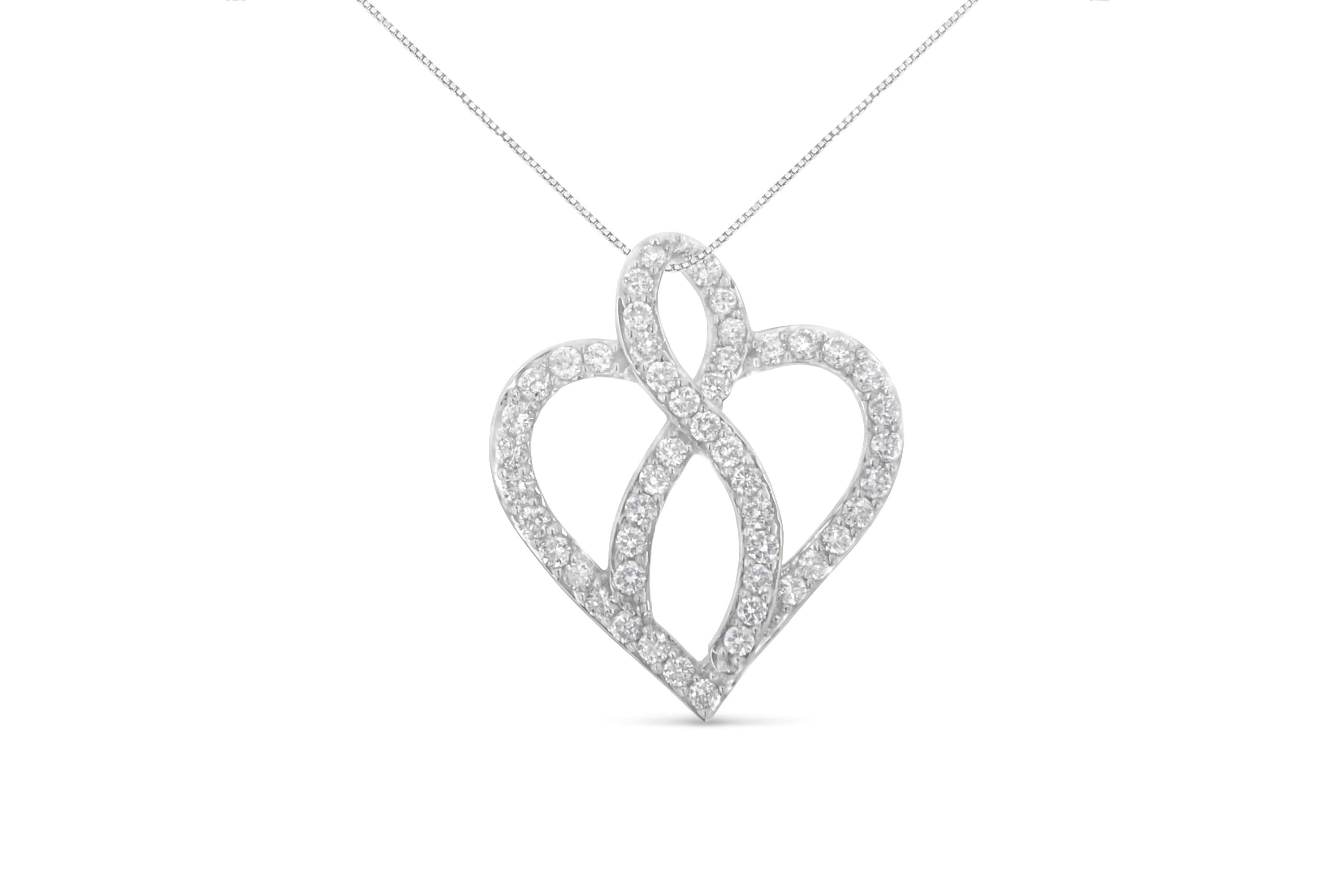 14KT White Gold 1 cttw Diamond Heart Ribbon Pendant Necklace