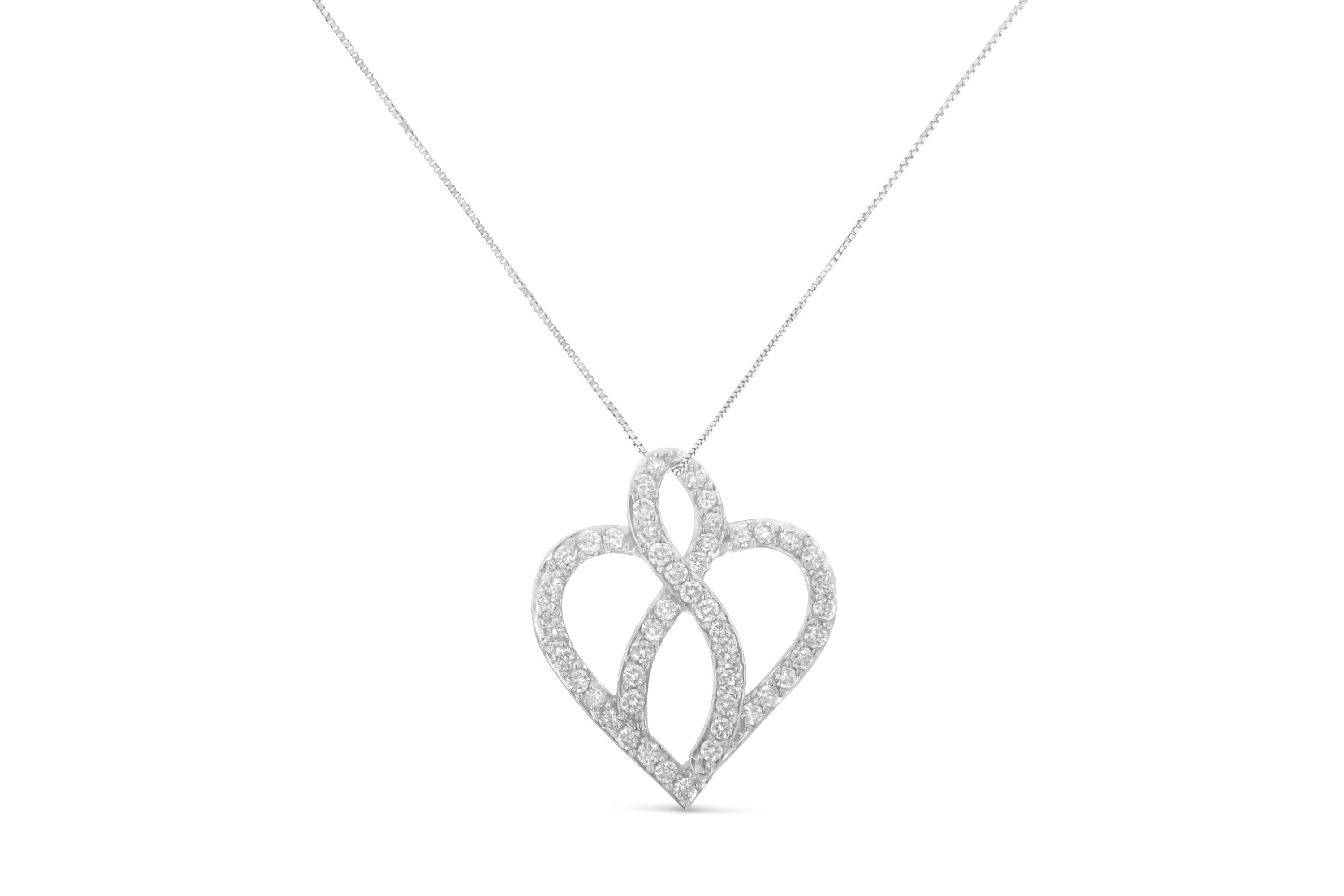14KT White Gold 1 cttw Diamond Heart Ribbon Pendant Necklace