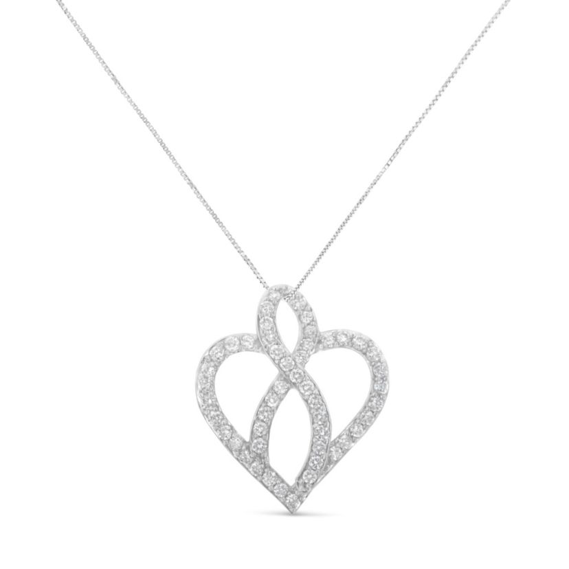 14KT White Gold 1 cttw Diamond Heart Ribbon Pendant Necklace