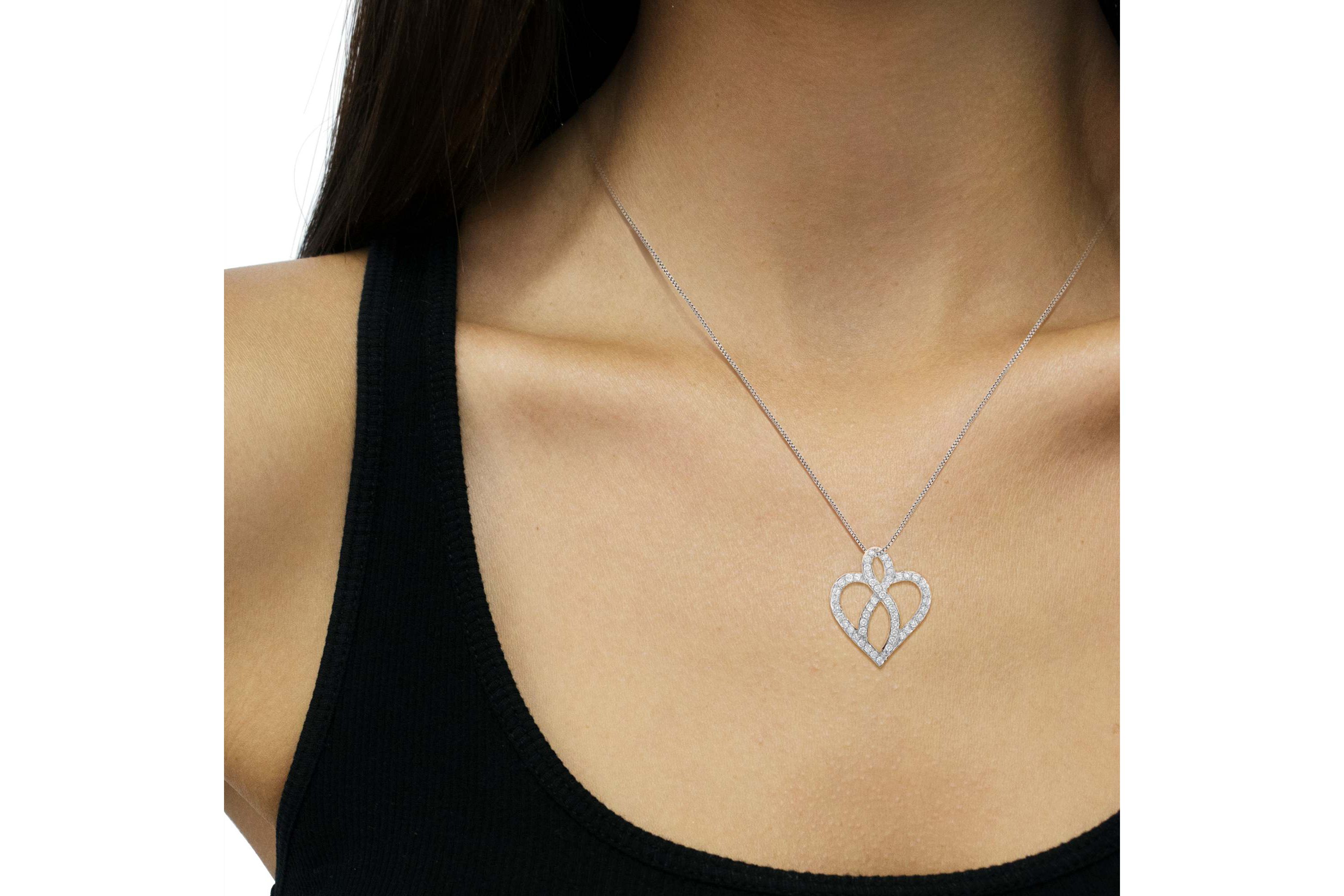 14KT White Gold 1 cttw Diamond Heart Ribbon Pendant Necklace