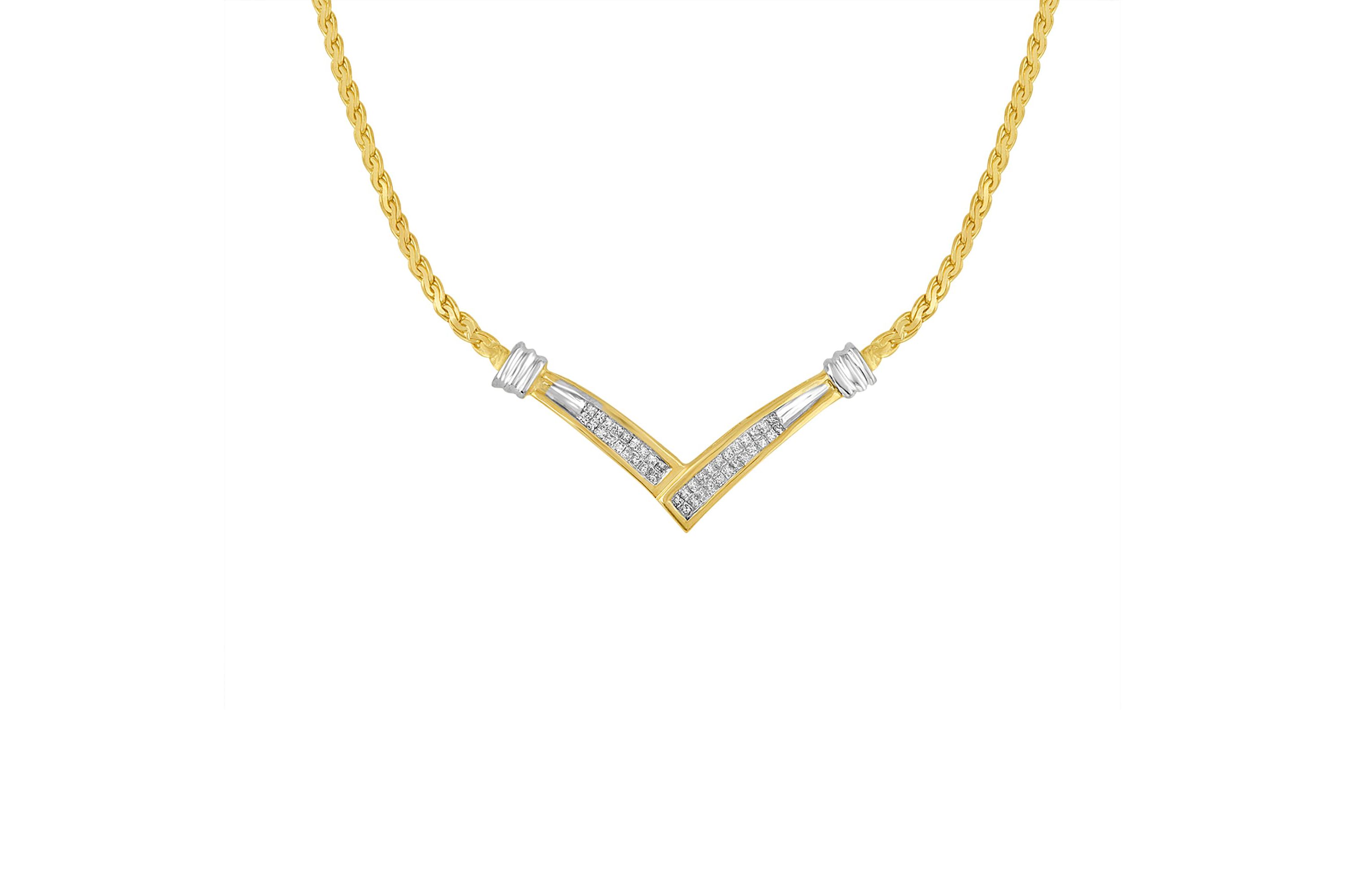 10K Yellow and White Gold 1/2 Cttw Diamond “V” Shape 18" Franco Chain Necklace