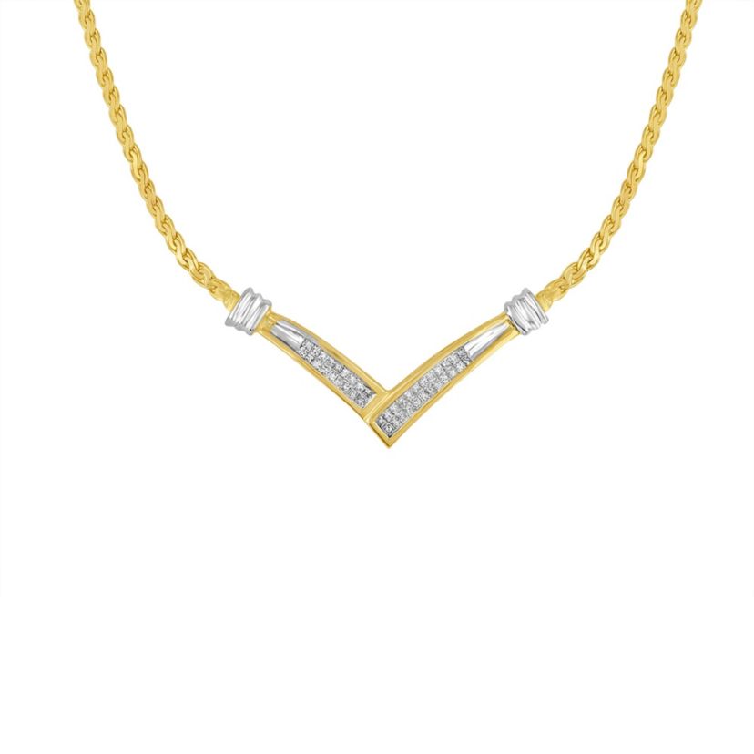 10K Yellow and White Gold 1/2 Cttw Diamond “V” Shape 18" Franco Chain Necklace