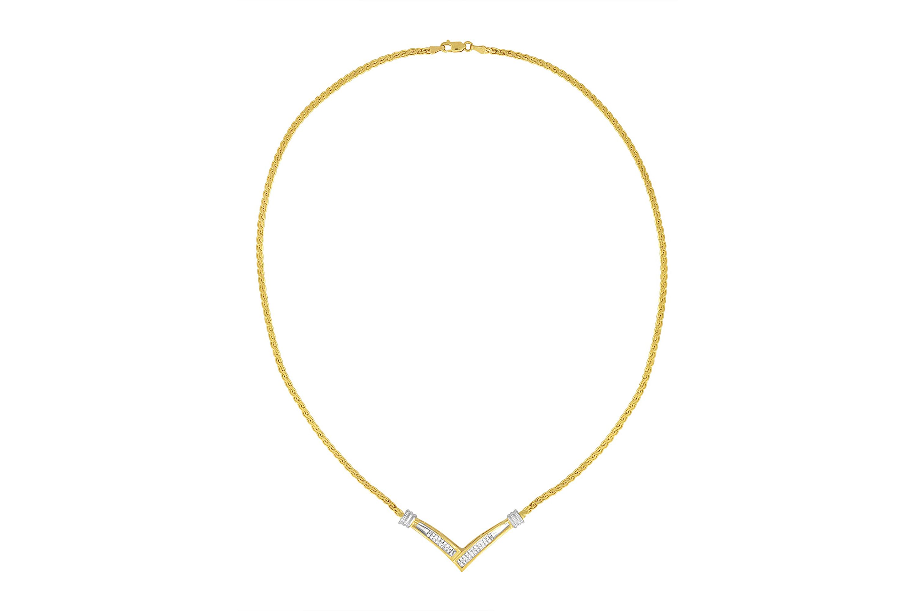 10K Yellow and White Gold 1/2 Cttw Diamond “V” Shape 18" Franco Chain Necklace