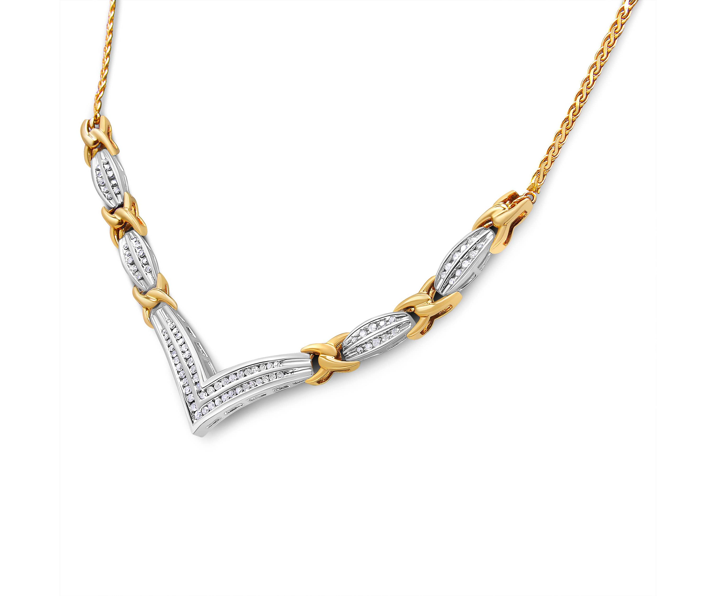 10K Yellow and White Gold 1.0 Cttw Diamond "V" Shape Statement Necklace