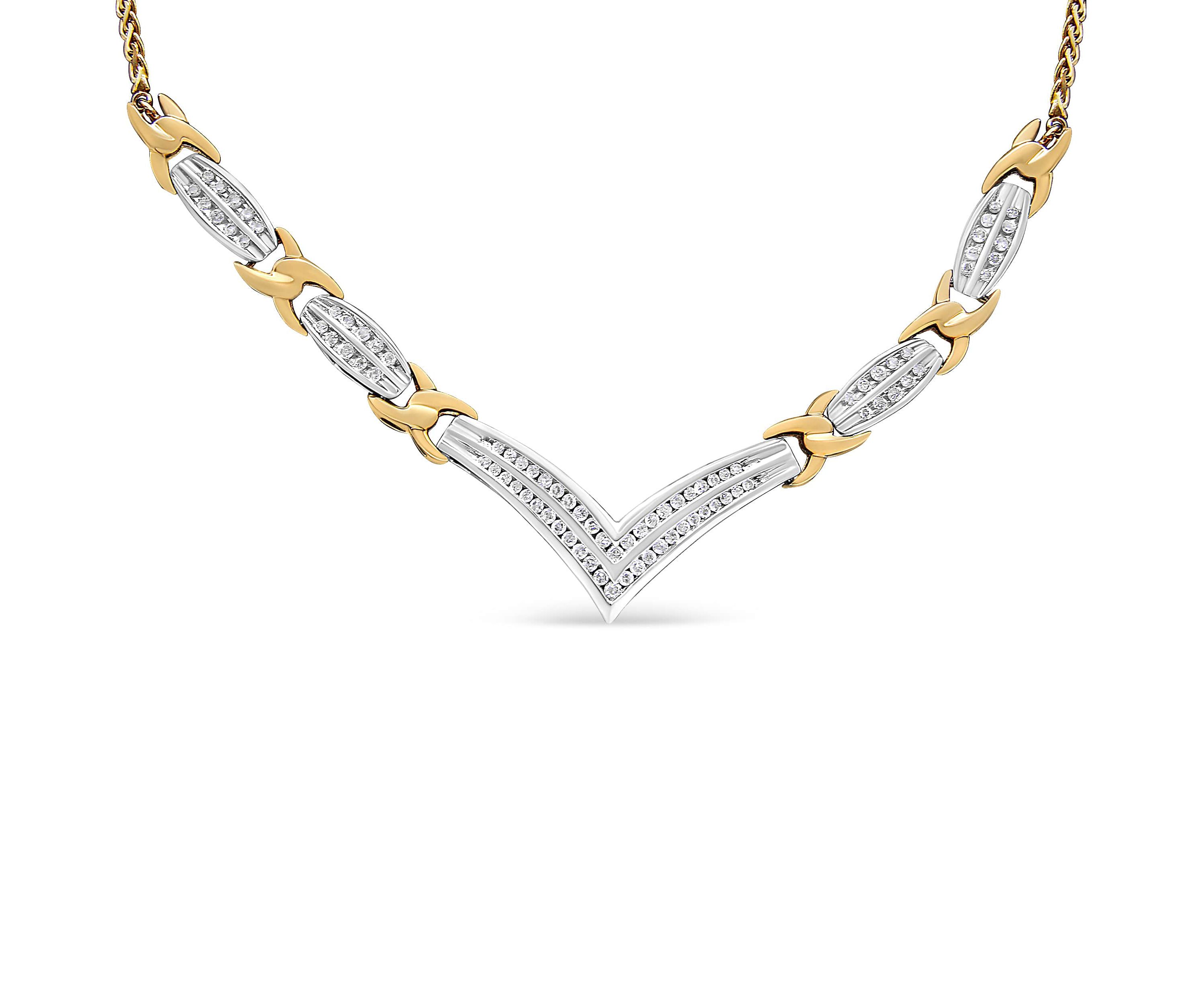10K Yellow and White Gold 1.0 Cttw Diamond "V" Shape Statement Necklace