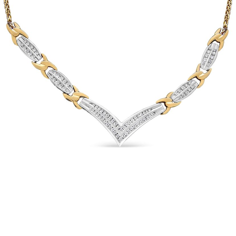 10K Yellow and White Gold 1.0 Cttw Diamond "V" Shape Statement Necklace