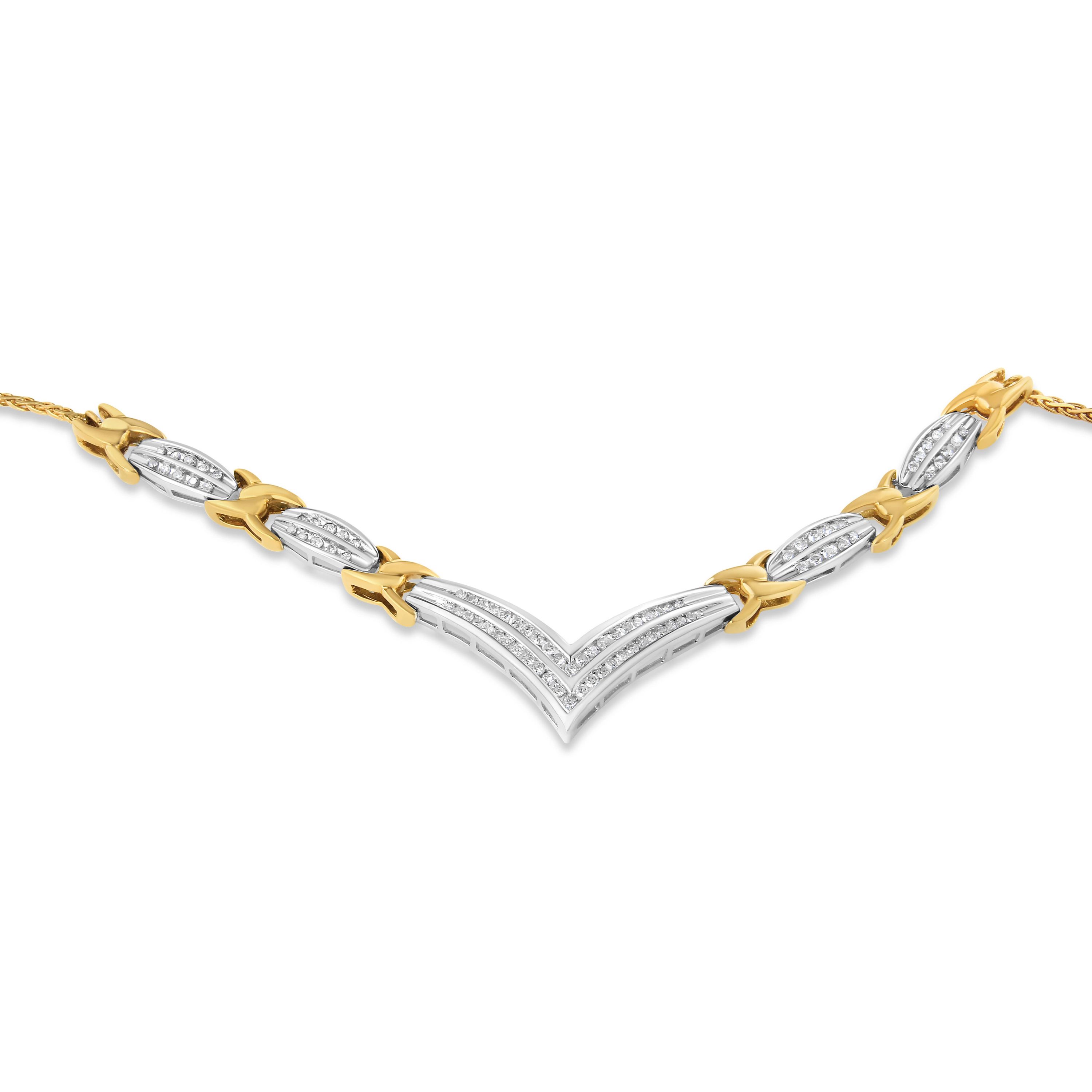 10K Yellow and White Gold 1.0 Cttw Diamond "V" Shape Statement Necklace