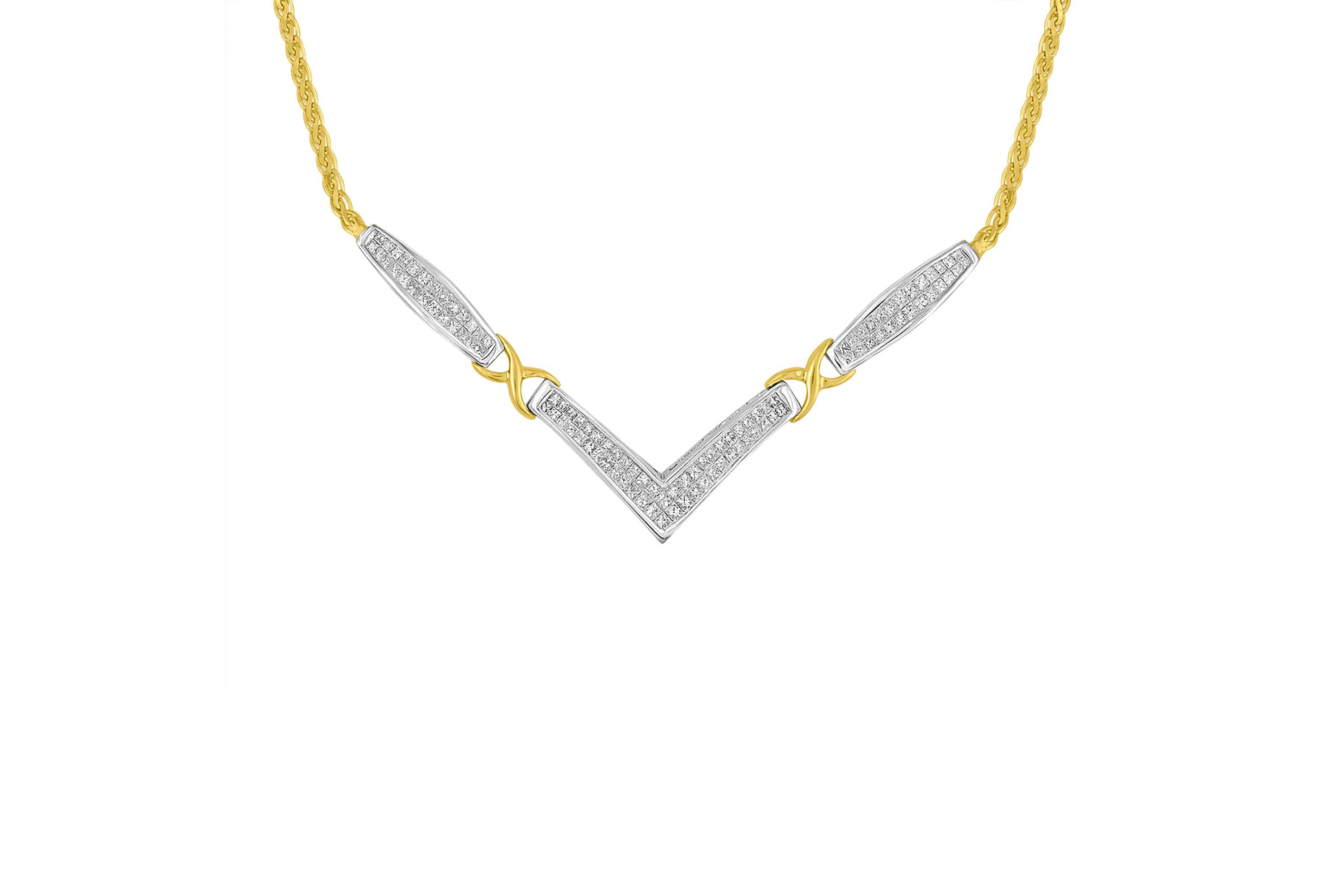 14K Gold 2.0 Cttw Diamond Flared and X-Station V Shaped 18” Franco Chain Necklace