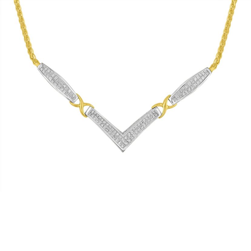 14K Gold 2.0 Cttw Diamond Flared and X-Station V Shaped 18” Franco Chain Necklace