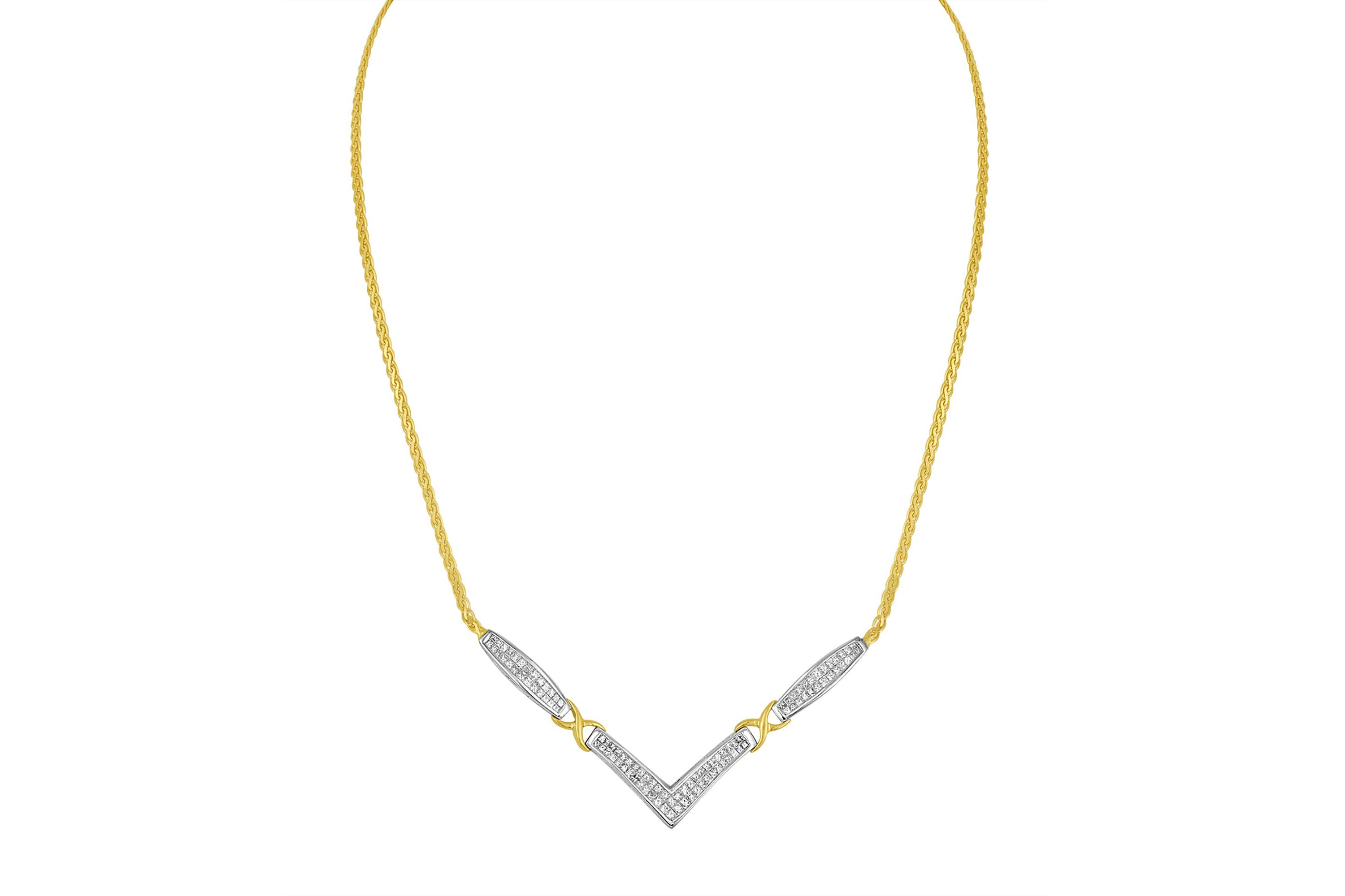 14K Gold 2.0 Cttw Diamond Flared and X-Station V Shaped 18” Franco Chain Necklace