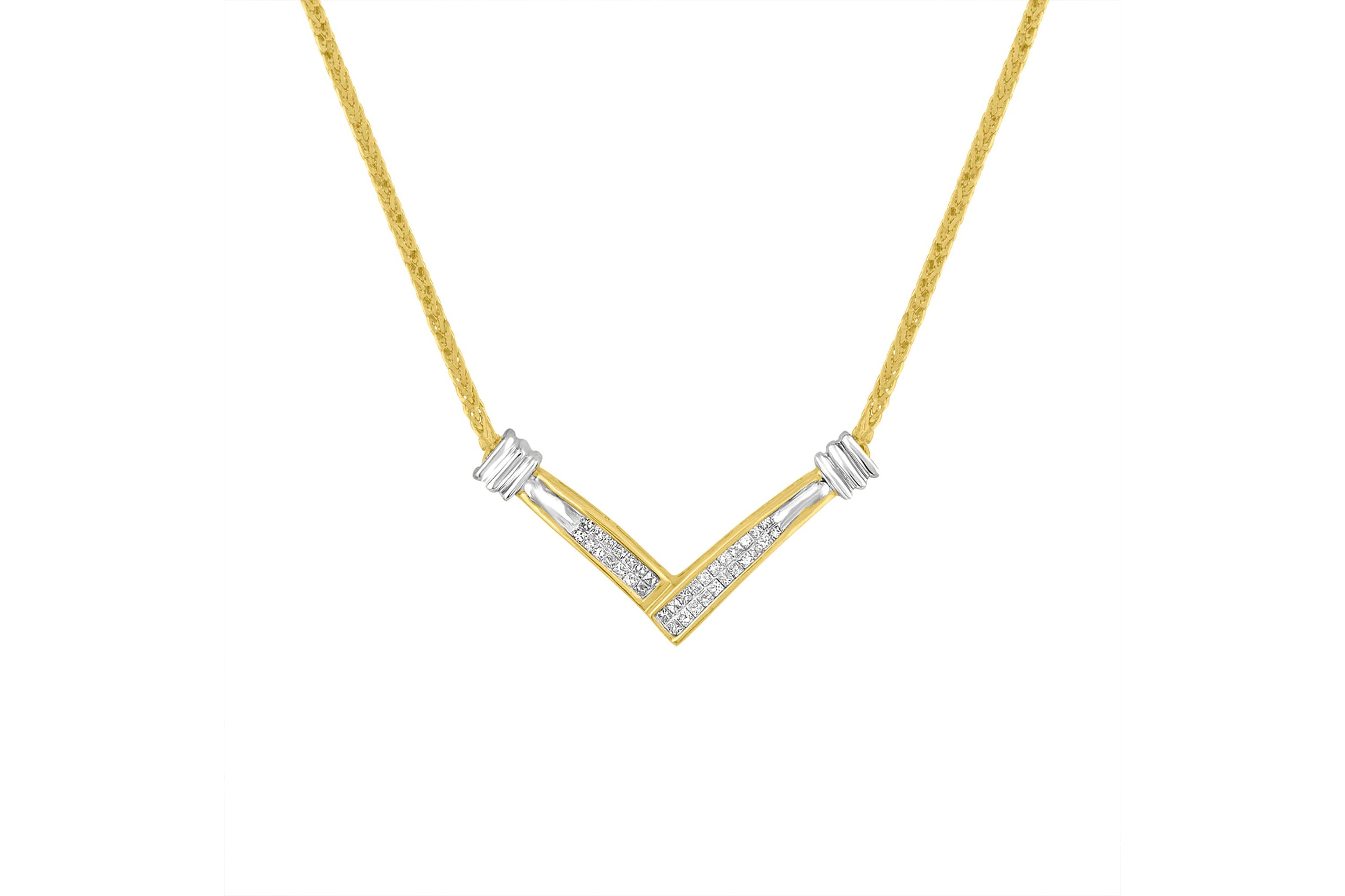 14K Yellow and White Gold 1/4 Cttw Diamond “V” Shape 18" Pendant Necklace