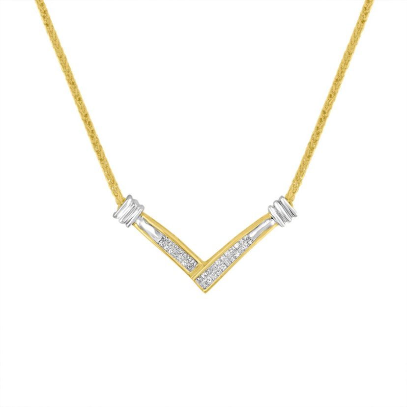 14K Yellow and White Gold 1/4 Cttw Diamond “V” Shape 18" Pendant Necklace