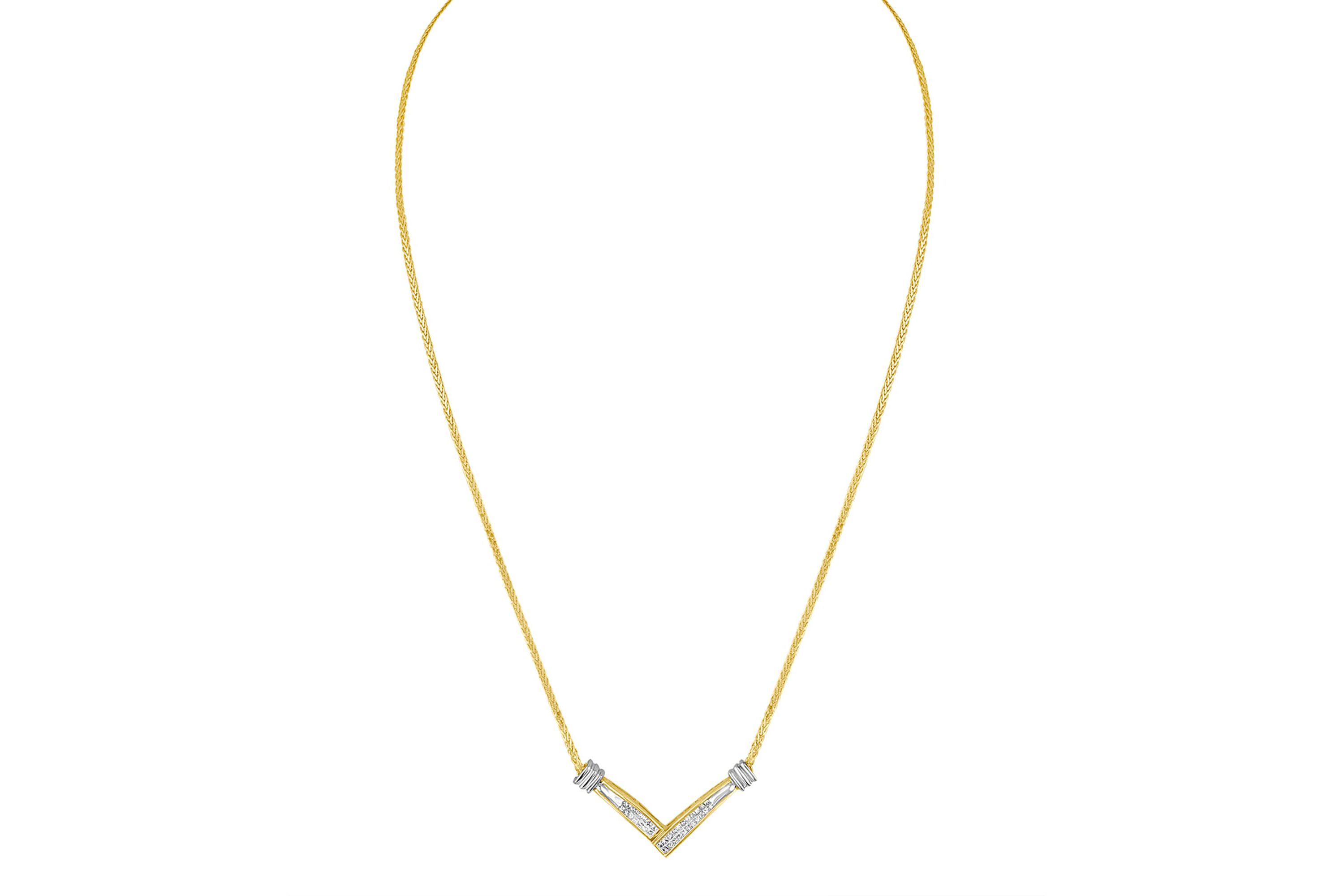 14K Yellow and White Gold 1/4 Cttw Diamond “V” Shape 18" Pendant Necklace