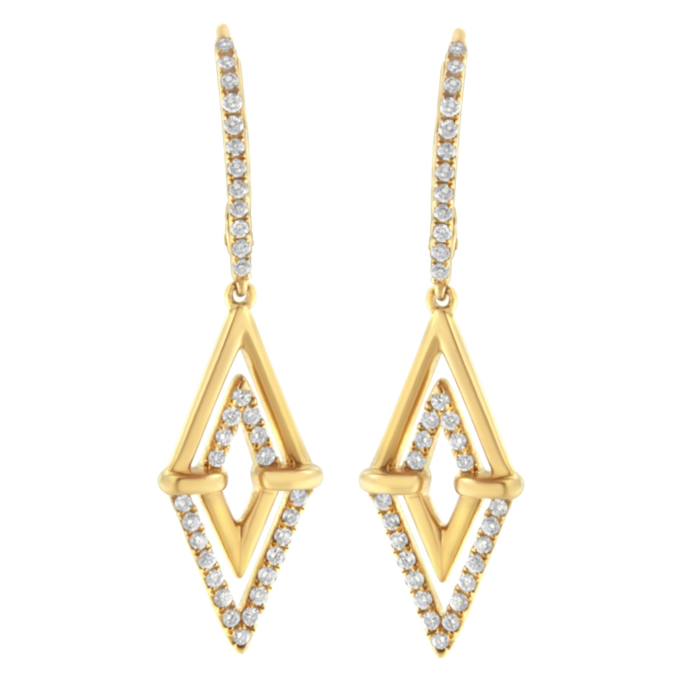 14K Yellow Gold 3/8 Ct Double Triangle Drop and Dangle Diamond Earrings