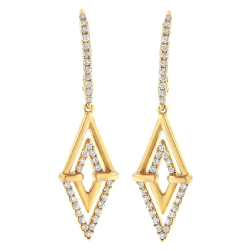 14K Yellow Gold 3/8 Ct Double Triangle Drop and Dangle Diamond Earrings