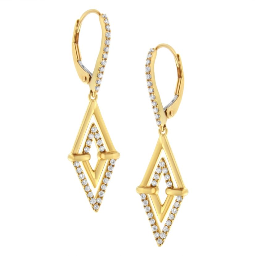 14K Yellow Gold 3/8 Ct Double Triangle Drop and Dangle Diamond Earrings