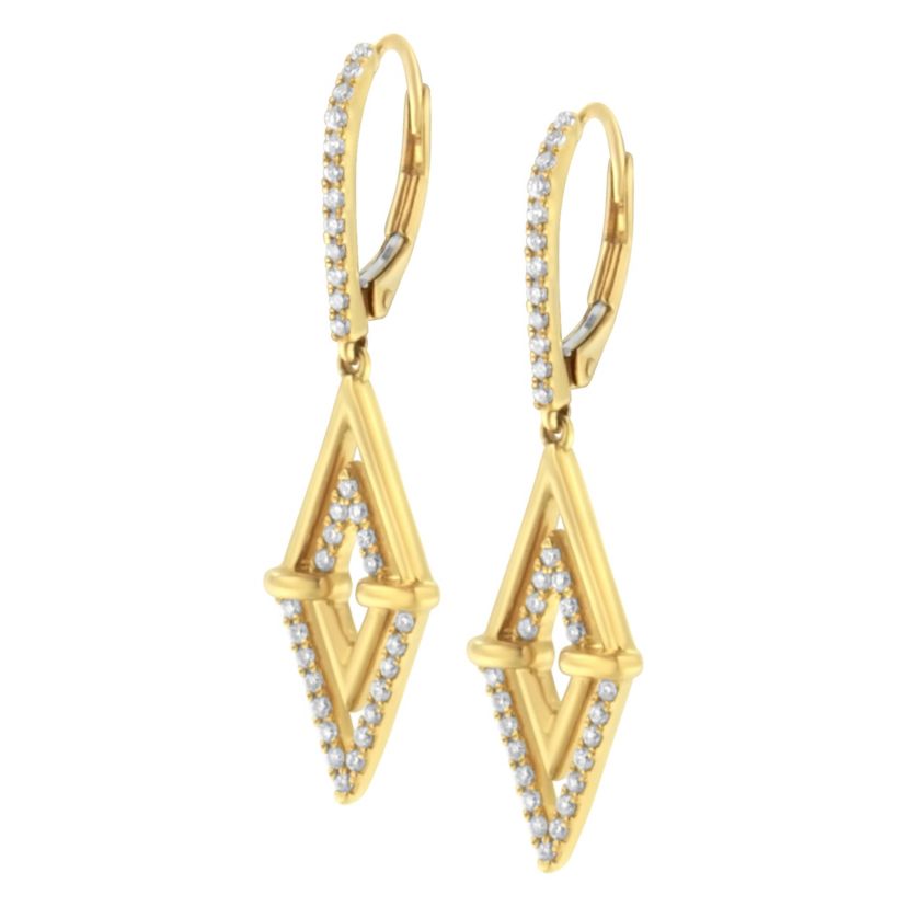 14K Yellow Gold 3/8 Ct Double Triangle Drop and Dangle Diamond Earrings