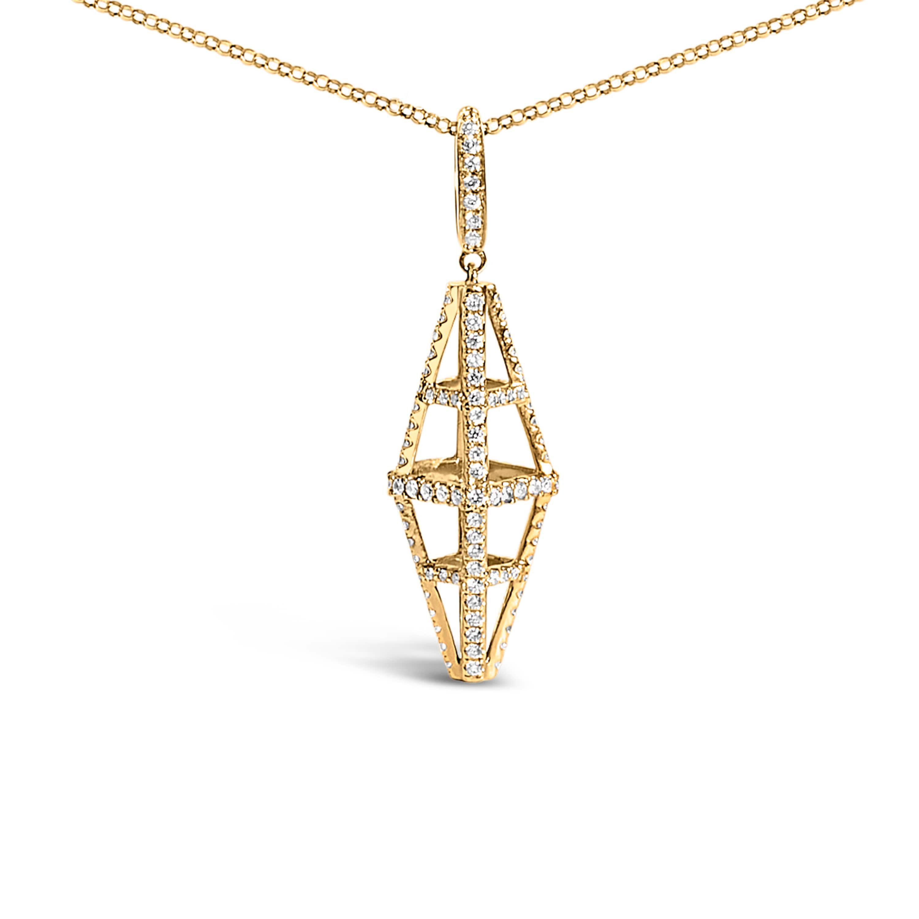 14K Yellow Gold 1.0 Cttw Diamond Studded Geometric Double Pyramid Pendant Necklace