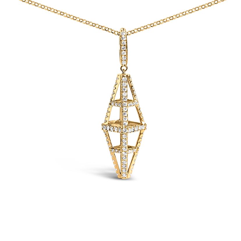 14K Yellow Gold 1.0 Cttw Diamond Studded Geometric Double Pyramid Pendant Necklace