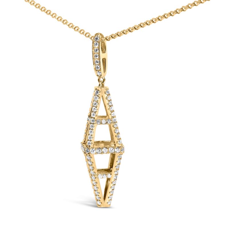 14K Yellow Gold 1.0 Cttw Diamond Studded Geometric Double Pyramid Pendant Necklace