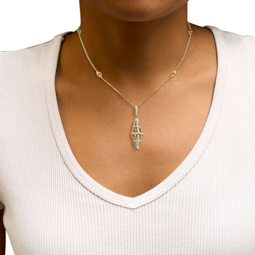 14K Yellow Gold 1.0 Cttw Diamond Studded Geometric Double Pyramid Pendant Necklace