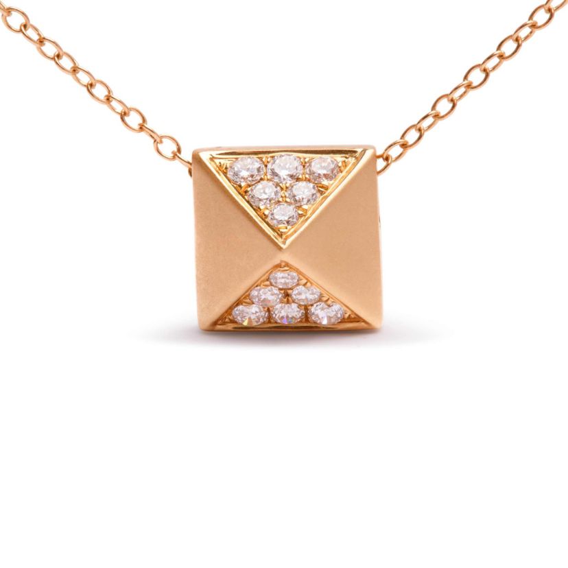 14K Yellow Gold 1/4 Cttw Diamond Matte Finished Pyramid Pendant Necklace - 18 Inches